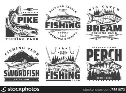 Fishing club badges, fisherman summer camp and big fish catch tours. Vector fishing tournament badges, fisher equipment tackles, rods and lures for river pike and bream, ocean swordfish and lake perch. Fisher club, big fish catch fishing camp tours