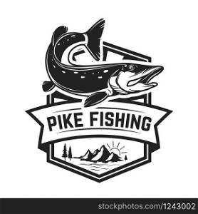 Fishing club. Emblem template with pike fish. Design element for logo, label, sign, poster. Vector illustration