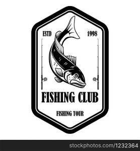 Fishing club. Emblem template with salmon fish and fishing rod. Design element for logo, label, sign, poster. Vector illustration