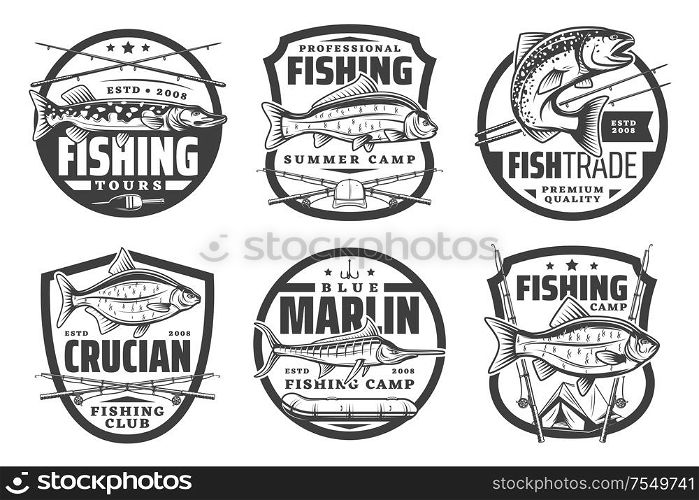 Fishing club, fisherman summer camp and big fish catch tours icons. Vector fishing tournament badges, fisher equipment tackles, rods and lures for sea tuna, salmon or marlin and river pike. Fisher club camping, fishing tours, big fish catch