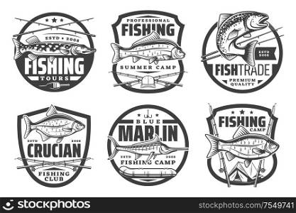 Fishing club, fisherman summer camp and big fish catch tours icons. Vector fishing tournament badges, fisher equipment tackles, rods and lures for sea tuna, salmon or marlin and river pike. Fisher club camping, fishing tours, big fish catch