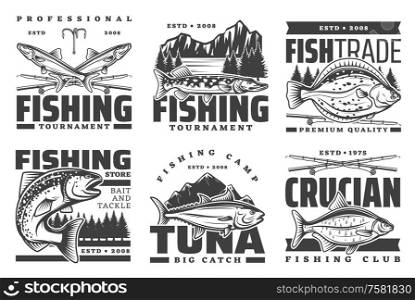 Fishing club, fisherman tournament camp and big fish catch tours icons. Vector river pike, crucian, sea salmon or flounder and ocean tuna fishing, fisher equipment lures, tackles and baits. Profession fishing tournament, big fish catch camp