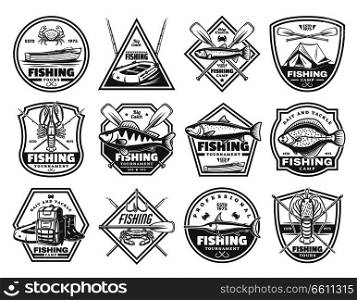 Fishing club or fisher camp icons of fish and rod tackles. Vector fisherman camp tent, boat with paddles and hooks, crab lobster or salmon, flounder and marlin, rubber boots and fishing haversack. Fishing tackles and fisher tours, vector icons