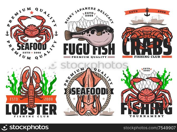 Fishing club, seafood and big fish catch tournament icons. Vector fisher equipment tackles, rod and lures for sea crab, ocean lobster, squid and Japanese fugu fish, fishery boat ships and net. Fishing, fish and seafood fishery, fisher club