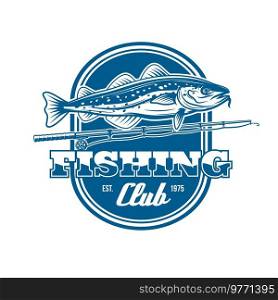 Fishing club vector icon of fish and fishing rod. Fisherman sport spinning rod with hook, bait or lure, reel and catfish or sheatfish isolated blue badge of fisherman or angler club tournament design. Fishing club vector icon of fish and fishing rod