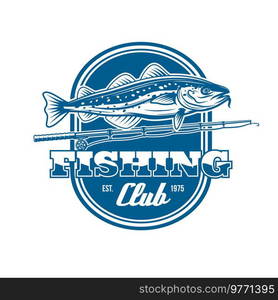 Fishing club vector icon of fish and fishing rod. Fisherman sport spinning rod with hook, bait or lure, reel and catfish or sheatfish isolated blue badge of fisherman or angler club tournament design. Fishing club vector icon of fish and fishing rod