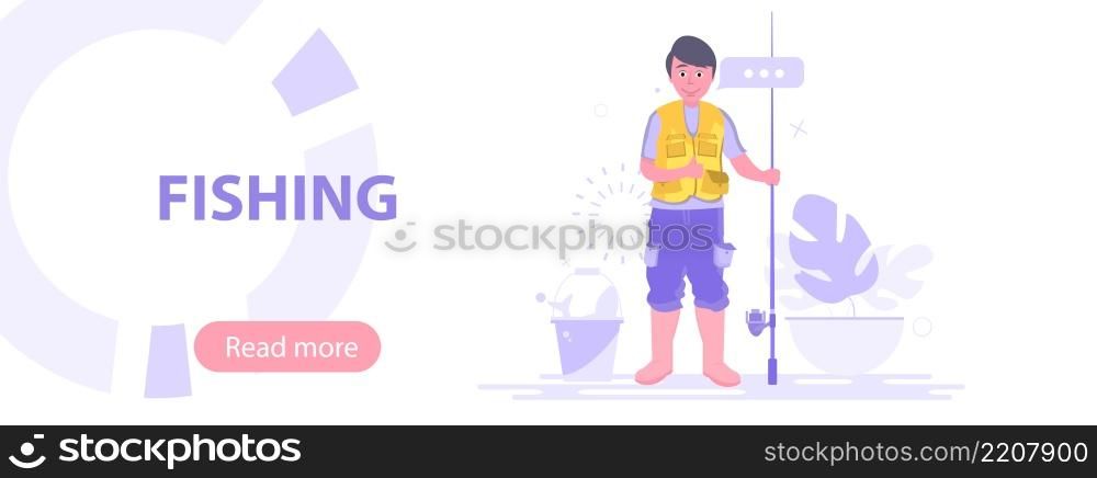 Fishing concept fisherman with fishing rod fish vector template for web banner.