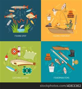 Fishing concept icons set with fishing from boat and catching catfish symbols flat isolated vector illustration . Fishing Concept Icons Set