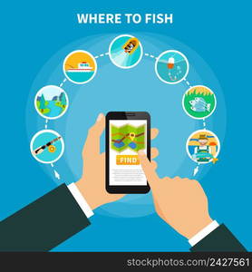 Fishing conceptual composition with human hands holding smartphone running navigation app with location circle pictogram images vector illustration. Fishing Area Finder Concept