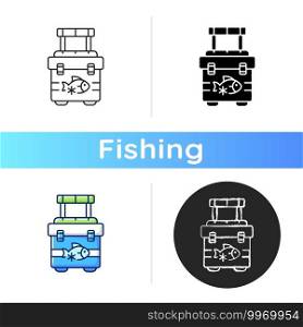 Fishing cooler icon. Basic fishers equipment. Preservation of trophy fish. Fishing contest. Hobby, leisure activities. Fish in fridge. Linear black and RGB color styles. Isolated vector illustrations. Fishing cooler icon