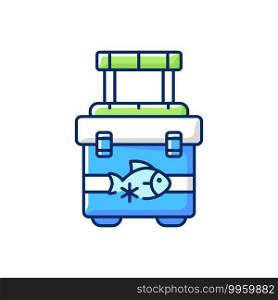 Fishing cooler RGB color icon. Hobby and leisure activity. Basic fishers equipment. Special tool. Preservation of trophy fish. Fishing contest. Fish in fridge. Isolated vector illustration. Fishing cooler RGB color icon