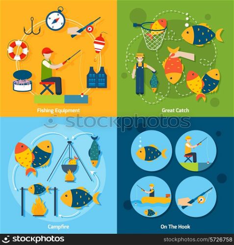 Fishing design concept set with equipment catch campfire hook flat icons set isolated vector illustration
