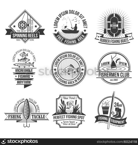 Fishing Emblems Set. Fishing black white emblems set with fishing club and equipment symbols flat isolated vector illustration