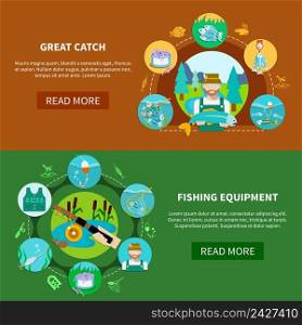 Fishing equipment banners set with water vessels and fish tackle flat images with editable text vector illustration. Fishing Equipment Horizontal Banners