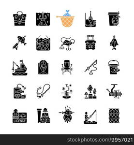 Fishing equipment black glyph icons set on white space. Fishing lounger chair. Cooking freshly caught fish. Fish finder, Fishing tournament. Silhouette symbols. Vector isolated illustration. Fishing equipment black glyph icons set on white space