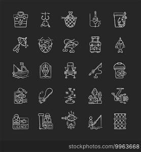 Fishing equipment chalk white icons set on black background. Fishing lounger chair. cooking freshly caught fish. Fish finder, Fishing tournament. Isolated vector chalkboard illustrations. Fishing equipment chalk white icons set on black background