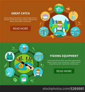 Fishing Equipment Horizontal Banners. Fishing equipment banners set with water vessels and fish tackle flat images with editable text vector illustration