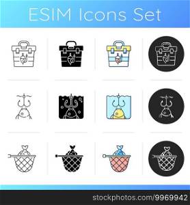 Fishing equipment icons set. Fishing lounger chair. cooking freshly caught fish. Fish finder, tools. Fishing tournament. Linear, black and RGB color styles. Isolated vector illustrations. Fishing equipment icons set