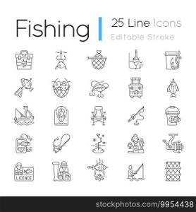Fishing equipment linear icons set. cooking freshly caught fish. Fish finder, Fishing tournament. Customizable thin line contour symbols. Isolated vector outline illustrations. Editable stroke. Fishing equipment linear icons set
