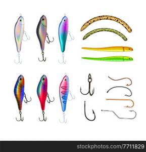 Fishing equipment realistic set with isolated icons of ledger hooks and colourful jigs with spoon baits vector illustration. Fish Hooks Icon Set