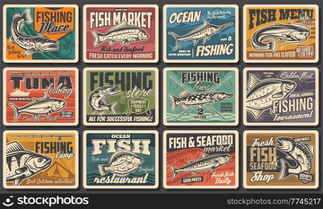 Fishing, fish catch tournament and fisher tours, vector retro posters. Fish and seafood restaurant, fishery market and fisherman equipment rods, tackles and lures ocean tuna, sea trout and river pike. Fishing retro posters, fish catch tour, restaurant