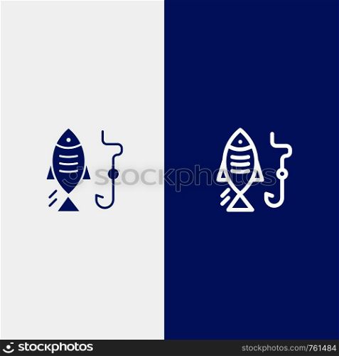 Fishing, Fish, Hook, Hunting Line and Glyph Solid icon Blue banner