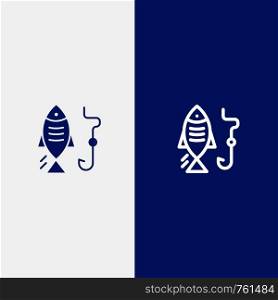 Fishing, Fish, Hook, Hunting Line and Glyph Solid icon Blue banner