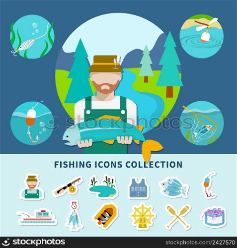 Fishing flat composition with faceless fisherman character and squid images with emoji style isolated icons set vector illustration. Fishing Icons Collection Background