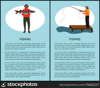 Fishing for fun and relax flyer including man with lucky catch, guy with rod on pier and text sample. Vector fishermen for magazine or thenatical site. Fishing Flyer with Fisher Guy and Fish on Vacation