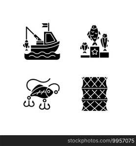 Fishing gear black glyph icons set on white space. Boat fishing. Variety of plastic baits, wobbler. Fishering from boat, commercial fishing. Silhouette symbols. Vector isolated illustration. Fishing gear black glyph icons set on white space