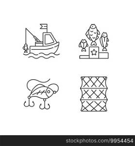 Fishing gear linear icons set. Boat fishing. Fishering from boat, commercial fishing. Customizable thin line contour symbols. Isolated vector outline illustrations. Editable stroke. Fishing gear linear icons set