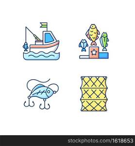 Fishing gear RGB color icons set. Boat fishing. Hobby and leisure activity. Variety of plastic baits, wobbler. Fishering from boat, commercial fishing. Isolated vector illustrations. Fishing gear RGB color icons set