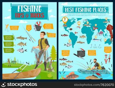 Fishing, hobby and sport fish catch. Vector fisherman with net and tackles or lures at lake or sea, seafood and fish catch of squid, pike or perch and marlin, shrimp and salmon on world map. Fishing adventure, fisher fish catch hobby