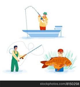 fishing hobby vector. fisherman and fish, boat, lake and river water, summer hobby fishing hobby character. people flat cartoon illustration. fishing hobby vector