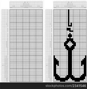 Fishing Hook Icon Nonogram Pixel Art, Fishhook Icon, Fish Catching Tool, Adventure Sport Icon Vector Art Illustration, Logic Puzzle Game Griddlers, Pic-A-Pix, Picture Paint By Numbers, Picross,
