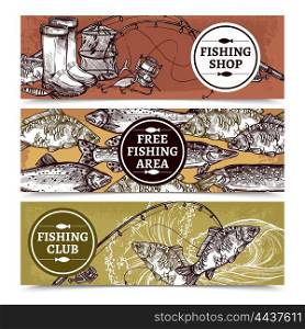 Fishing Horizontal Banners. Hand drawn horizontal banners of fishing shop with equipment free fishing area with fishes and club vector illustration