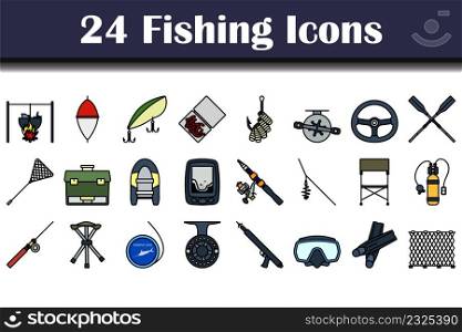 Fishing Icon Set. Editable Bold Outline With Color Fill Design. Vector Illustration.