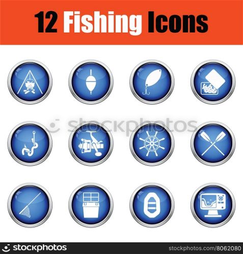 Fishing icon set. Glossy button design. Vector illustration.
