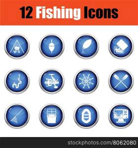 Fishing icon set. Glossy button design. Vector illustration.