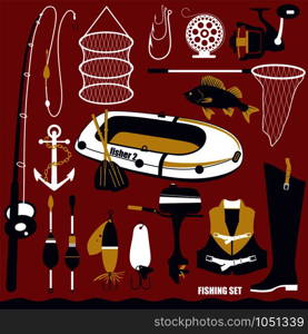 Fishing icon set.Vector illustration.. Fishihg icon set on red.