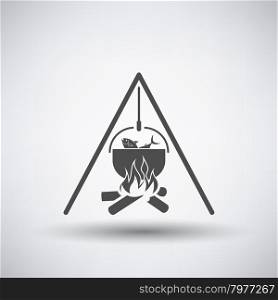 Fishing icon with fire and pot over gray background. Vector illustration.