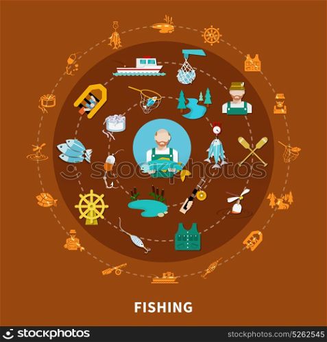 Fishing Icons Round Composition. Fishing set of flat isolated fishing tackle icons and sailing equipment signs arranged along concentric circles vector illustration