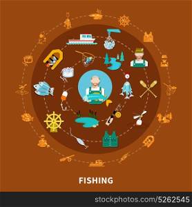 Fishing Icons Round Composition. Fishing set of flat isolated fishing tackle icons and sailing equipment signs arranged along concentric circles vector illustration