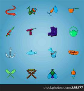 Fishing icons set. Cartoon illustration of 16 fishing vector icons for web. Fishing icons set, cartoon style