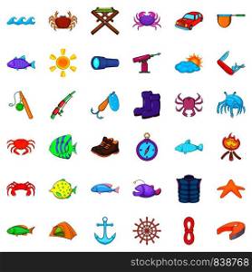 Fishing icons set. Cartoon style of 36 fishing vector icons for web isolated on white background. Fishing icons set, cartoon style