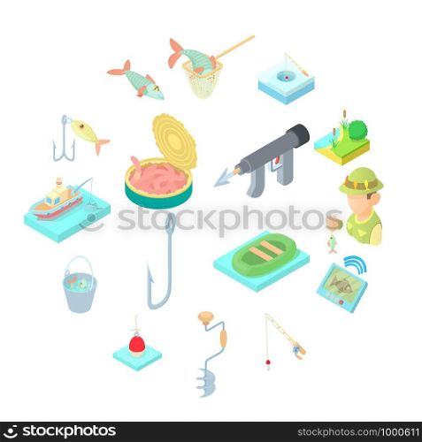 Fishing icons set in cartoon style. Fisher equipment set collection vector illustration. Fishing icons set in cartoon style
