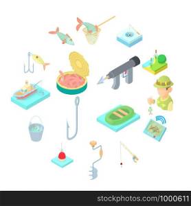 Fishing icons set in cartoon style. Fisher equipment set collection vector illustration. Fishing icons set in cartoon style