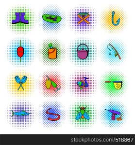 Fishing icons set in comics style on a white background . Fishing icons set, comics style