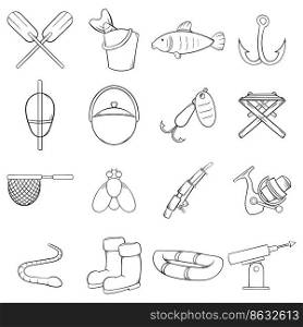 Fishing icons set in outline style isolated on white background. Fishing icons set vector outline