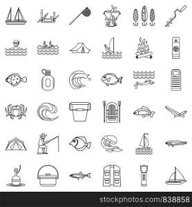 Fishing icons set. Outline style of 36 fishing vector icons for web isolated on white background. Fishing icons set, outline style